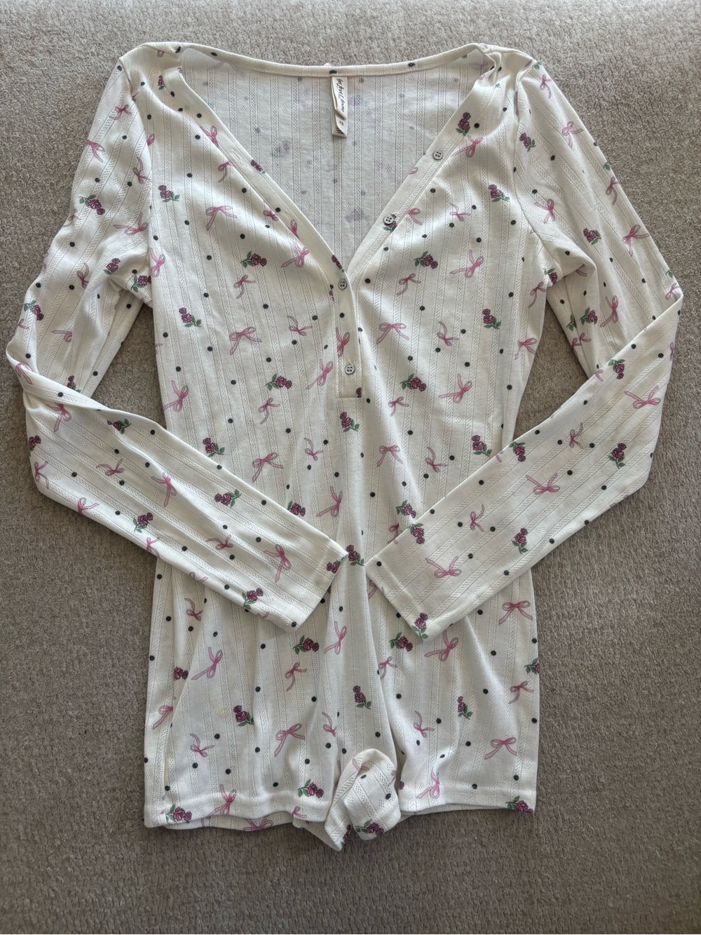 For Love And Lemons White Ribbed Bow & Floral Long-Sleeve Romper